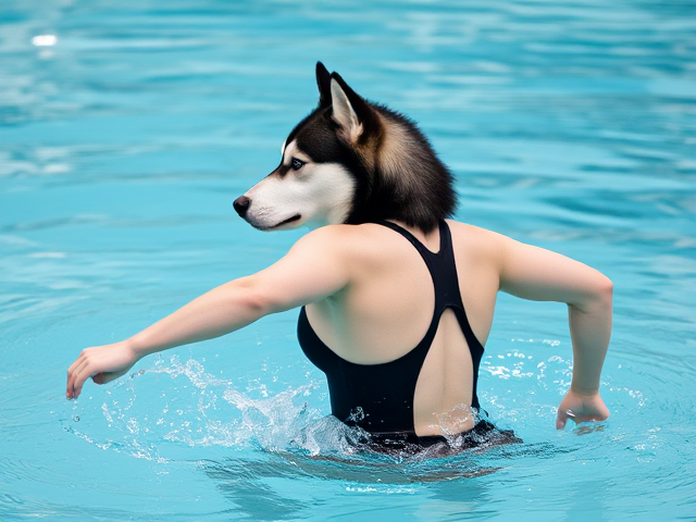 A anthropomorphic Siberian husky Olympic swimmer wearing a sportback swimsuit