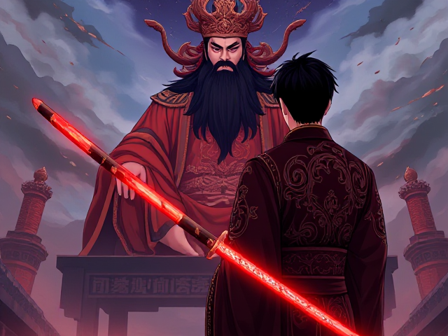 A man with short black hair, holding a magical glowing red and black Chinese-style straight short katana in his right hand, wearing intricate traditional Chinese mythology clothing. He stands facing away, gazing at the towering figure of Shangdi with long black hair and thick long black beard, the supreme god, who sits cross-legged before him. The scene is illustrated in a vibrant anime style.