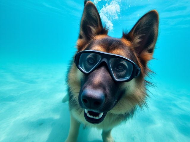 A long haired German shepherd wearing Freediving goggles