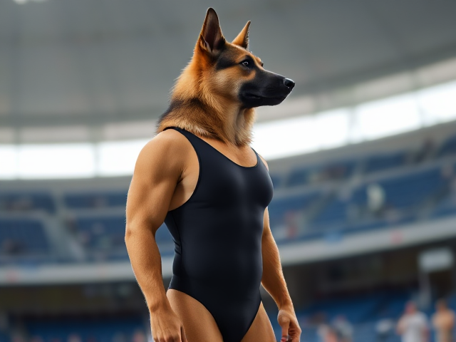 A tall ((anthropomorphic)) German shepherd Olympic swimmer with a long torso  wearing a one piece swimsuit standing on the pool deck