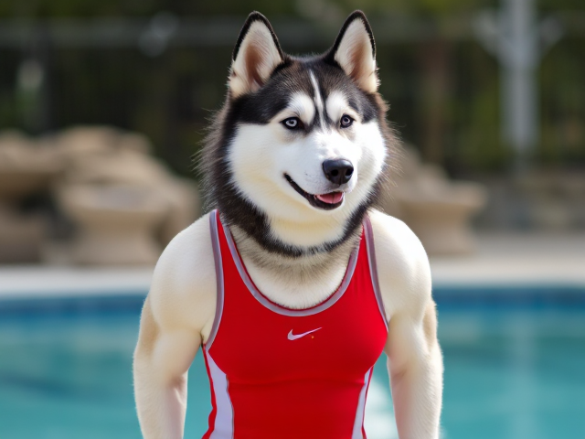 A anthropomorphic Siberian husky wearing a sport swimsuit