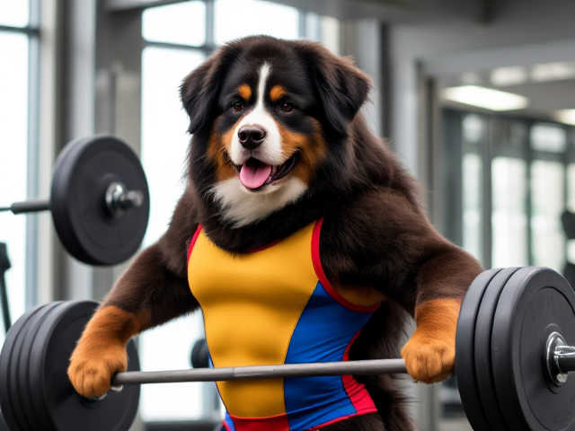 Anthropomorphic Bernese mountain dog wearing a colorful leotard, lifting a barbell in a gym setting, detailed fur texture and muscular build, vibrant colors