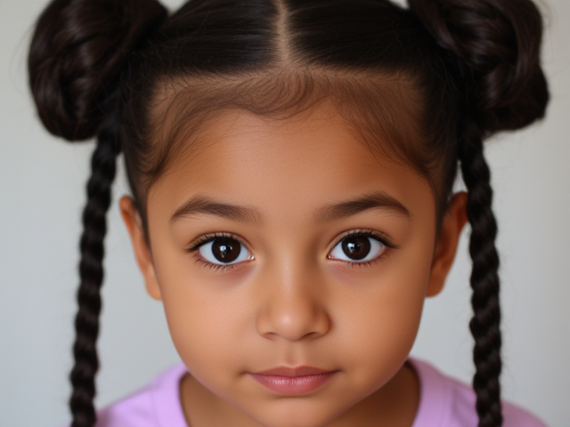 une petite fille de 3ans, métisse, avec les cheveux coiffés en deux chignons et trois nattes tombant sur son front, des yeux étirés