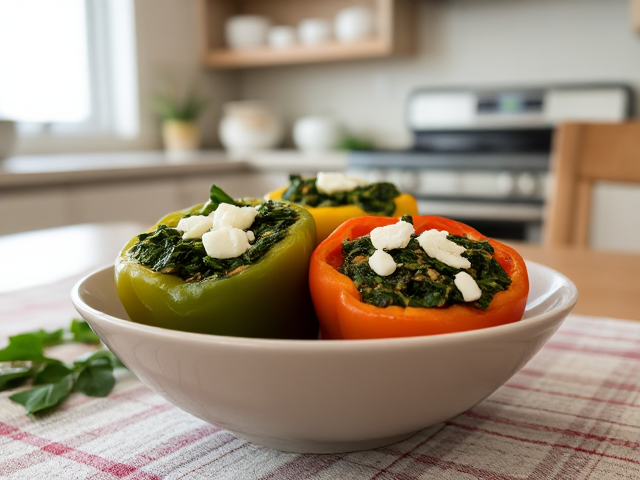 in a cozy kitchen on a table we see a bowl ofKeto Spinach & Feta Stuffed Peppers
Ingredients:
2 bell peppers, halved and hollowed
1 cup sautéed spinach
¼ cup crumbled feta cheese
1 tbsp olive oil
Instructions:
Mix sautéed spinach with feta cheese and fill bell pepper halves.
Bake at 375°F (190°C) for 15 minutes.
Summary:
These spinach and feta stuffed peppers are savory, cheesy, and nutrient-packed. A perfect balance of flavor and simplicity. My go-to when I want something healthy and satisfying.