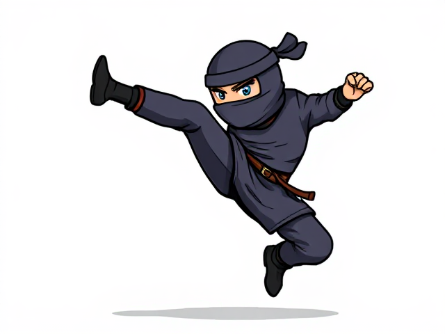 cartoonish 8 bit ninja jump-kicking against a blank white background