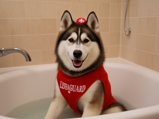 Anthropomorphic Alaskan malamute red lifeguard swimsuit sitting in a bathtub