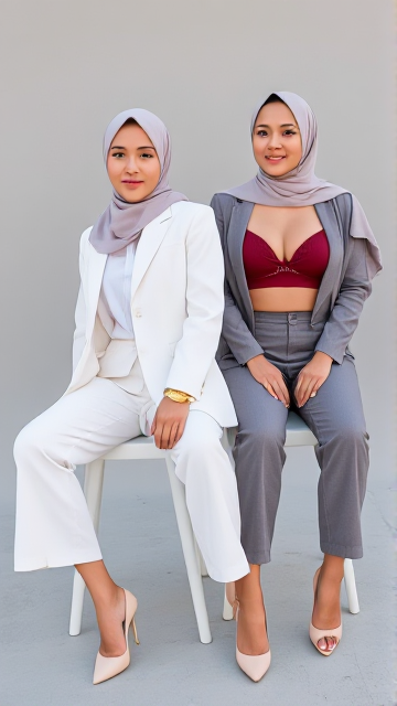 ((Ciara, 27-year-old Malaysian Muslimah Model:1.5)),  
(fair skin with brown undertones:1.6), (wide and slim oval face), (hooded eyes, double eyelid, with eyebags), (bump nose, arow nostril), (thin lips, wide mouth), (mole under right lips), (define cheeks), (round small chin), (upturned thick eyebrow),  
((structured pastel chiffon hijab:1.3)), (neatly layered, extra-long drape to the backside),  
((tailored white blazer and matching fitted capri slack)), (((no top underneath))), (sits gracefully with one hand on lap),  
(left wrist wearing gold Gucci watch), (modest yet confident posture), (sensual and daring feeling), 
(subtle smile, direct gaze to camera), soft rim light defining her silhouette,  
((Atul, 23-year-old Malaysian Muslimah Model:1.5)),  
(fair skin), (A-Triangle Face type), (Hooded eye, narrow, eyebags), (bumpy nose), (wide thin lips), (small round chin), (define cheeks),   
((flowing pastel grey cotton hijab with lace trim, draped to the back)), (soft layers and volume),  
((elegant grey tailored open suit:1.2)), (pink choker with word written "PEPEK"), (maroon top like-bra:1.5), (no pant), 
(loose waves of hair tucked inside hijab frame subtly), (gaze slightly to side with gentle smile),  
(right wrist adorned with thin gold bangle), (both feet in modest cream heels),  
🪑 Scene: Both seated on modern minimalist white stools, soft cast shadows on pale grey matte floor.  
Backdrop: Solid pale grey background, smooth tone transitions, soft diffusion light from left top side. Location: Outdoor advertisement shooting location, by the roadside) 
📸 Camera Angle: Medium close-up, slightly low angle (~chest upward), eye-level composition  
🎥 Cinematography: soft editorial lighting, golden hour warmth, natural shadows under chin and jaw  
🎨 Aesthetic: Vogue fashion editorial, refined minimalism, sensual and daring, risky, elegant pastel, soft bokeh glow  
🖼️ Composition: Golden ratio layout — Ciara slightly foregrounded to right, Atul just behind to left, balance through mirrored body language and wardrobe tones