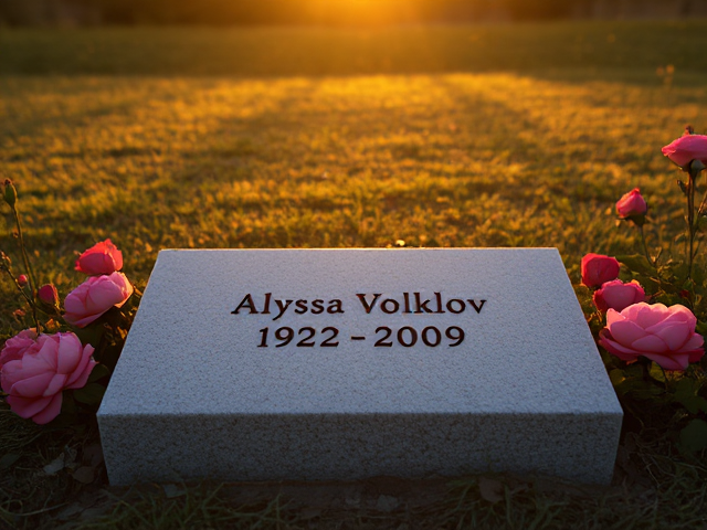 A grave that has the name 'Alyssa Volklov 1992-2009' engraved on it with roses surrounding it