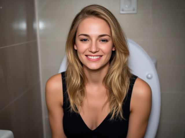 A 4 11 blonde woman 24 years old blue eyes wearing a black dress using the toilet eyes closed smiling close up