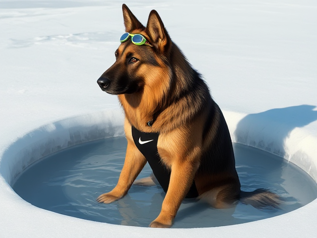 A tall anthropomorphic long haired German shepherd with a long torso and broad shoulders wearing a Nike one piece swimsuit and swimming goggles while sitting in a hole in the ice