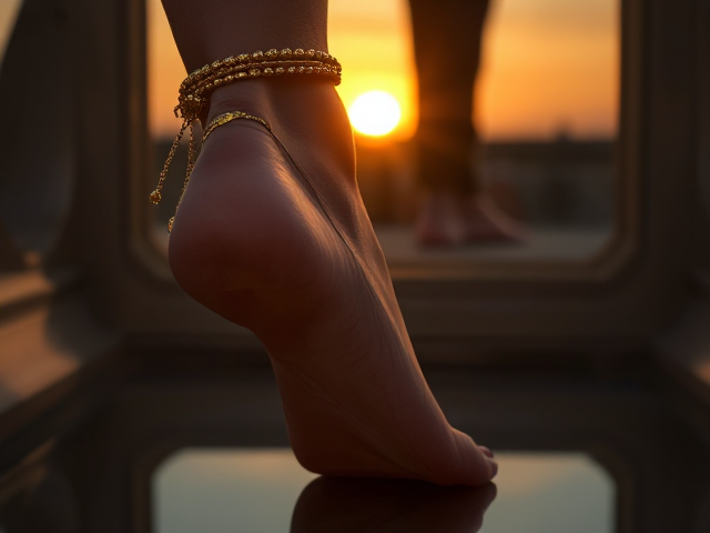 A woman's foot with gold anklets angle faced down to her foots reflection in the mirror