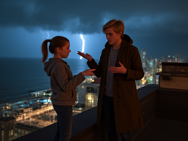 A petite 13-year-old girl with strawberry blonde hair in a ponytail, wearing a hooded pullover and jeans, is standing on the roof ledge of a night club. Next to her on the roof, standing nearby is a modern-day, pale skinned vampire in his late twenties, with blonde hair, dressed in a brown trench coat and jeans. He appears uneasy as he looks at her, holding his hands out and taking a step back. The girl gestures angrily at him with her hands, flailing her arms and with a scowl on her face. at him in frustration. A thunderstorm approaches the cityscape from the sea shore. Set at night. The girl has a cut in her forehead.