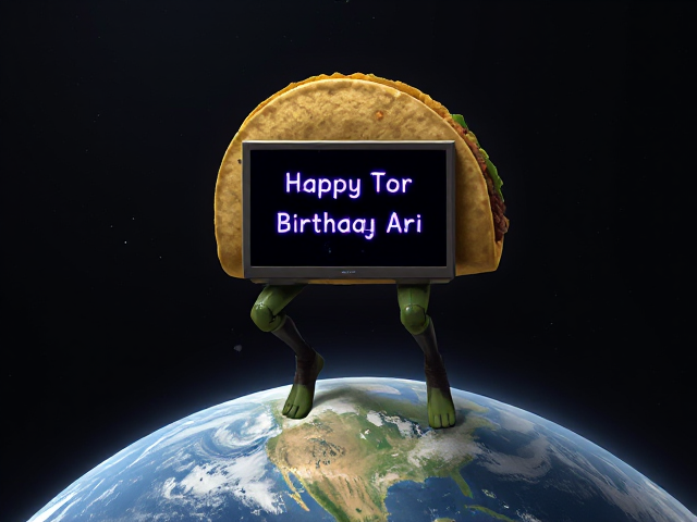 A taco with human legs squats over earth.   A computer screen says "Happy Birthday Ari"