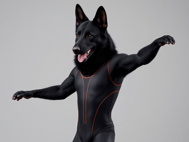 Black Anthropomorphic German Shepherd in a gymnastics leotard, detailed fur texture, athletic pose, vibrant colors
