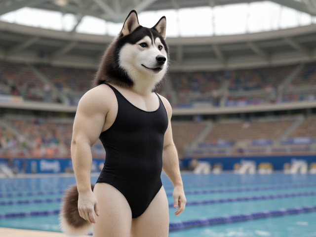 A tall ((anthropomorphic)) Siberian husky Olympic swimmer with a long torso  wearing a one piece swimsuit standing on the pool deck