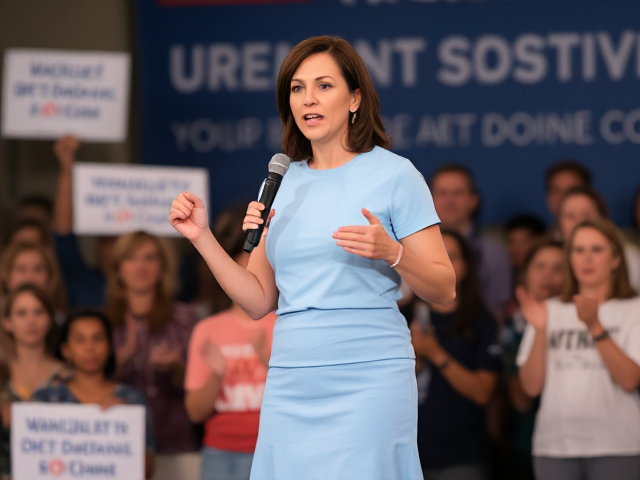 Brunette female politician, wearing a light blue t-shirt and skirt of the same shade, energetically speaking at a rally with her detractors visibly engaged in the background