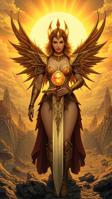 A surreal and sensual scene of destruction and life, with a female figure wearing intricate and glowing armor that seems to be inspired by mythological creatures. She holds a sword with a large gem at its center, and her body is adorned with an ethereal aura. The sun casts its golden light over the scene, creating an atmosphere of both beauty and chaos. The background reveals a fantastical landscape with mysterious ruins, floating islands, and a dreamy sky. The overall feeling of the image is both enchanting and ominous.