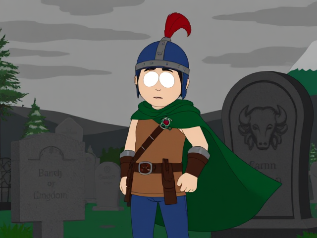 Dramatic Cartoon scene: Stan Marsh from South Park, light skin and black hair, but as a 14-Year Old teenager with a muscular torso, dressed as a medieval warrior, wearing a light brown tank top, a black belt with a red buckle adorned with a castle emblem with brown pouches and the scabbard for his enchanted sword attached to it, blue jeans, steel armored boots, jeweled wrist cuffs, a really big, heel-length long, ultra-wide green cape held up by two silver buttons with red jewels with a strong unbreakable wire connecting them both, and a blue helmet with buffalo emblems on both sides, outlined by silver steel rims going around and across the top, with a really long red feather sticking out at the top. He is now known as Sir Marsh. Despite still being a teenage kid, he is the Youngest Commander of the Zaronian Army, and one of the youngest and greatest heroes hailing from South Park, Colorado, but now reborn as the real life Kingdom of Kupa Keep, Zaron. The young teenage hero is currently standing in a graveyard, visiting the grave of his deceased grandfather, paying his respects while he wishes he could have seen the amazing hero he has become.