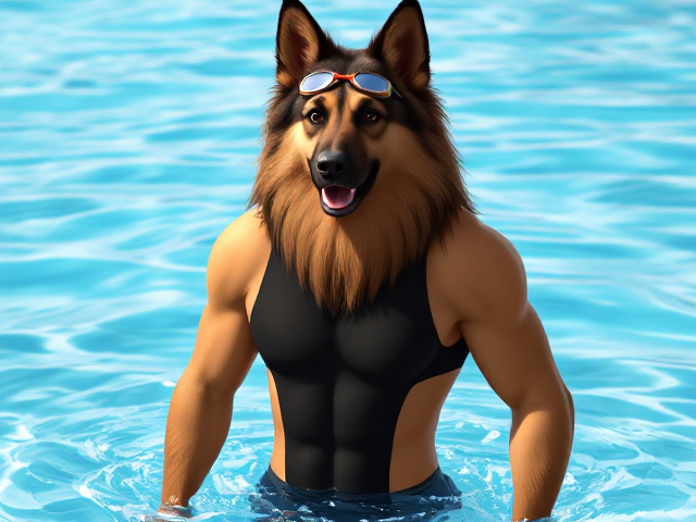 A tall anthropomorphic long haired German shepherd Olympic swimmer with a long torso, wearing a one piece swimsuit and swimming goggles