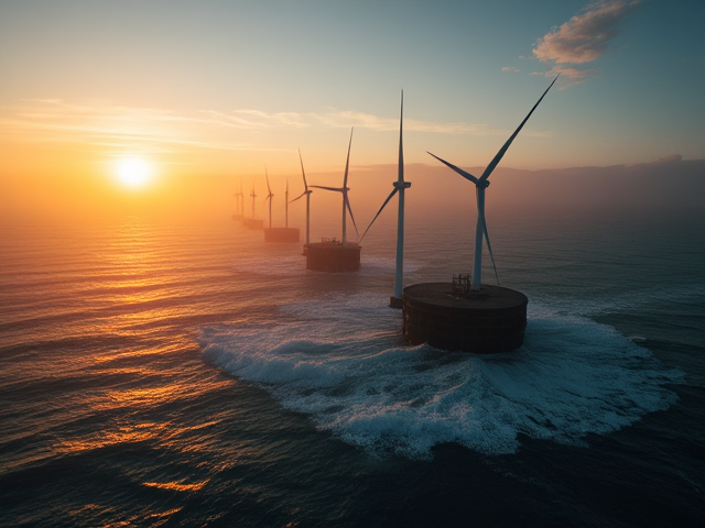 Centrale houlomotrice géante en mer sous un coucher de soleil flamboyant, capturant la force des vagues avec passion et innovation. Turbines éoliennes émergeant harmonieusement des eaux, intégrées dans une vue panoramique à vol d'oiseau. Style ultra-réaliste avec détails méticuleux, mettant en valeur la technologie verte au milieu de la nature sauvage environnante. Éclairage doré du soleil couchant illuminant les reflets sur l'eau scintillante