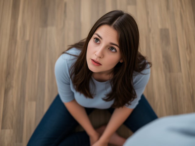 Brunette wearing a light blue long sleeve t shirt and dark blue jeans on her knees loooking up at someone in concern