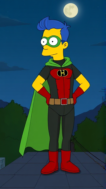 Cartoon scene: Milhouse Van Houten from The Simpsons, with his yellow skin, really big round nose, and blue hair that's slicked back and curled up at the top, but as a tall, 18-year old teenager, dressed as a parodied version of Robin, The Boy Wonder, with an extremely muscular body, wearing a dark green bodysuit with a red torso adorned with a small black circle with a light-green "H" symbol on his left pectoral, a silver utility belt with a red square buckle with silver pouches attached to it that hold all of his unique gadgets, red boots, red long-cuffed gloves, a really big, toe-length long, ultra-wide light-green cape wreathed around his neck held up by an inverted silver triangular button, and a light-green eye mask with optical lenses in it that protects his true identity, now known as Houseboy, The Nerd Wonder, the other half of Springfield's Dynamic Duo, and one of the greatest vigilante superheroes ever known in Springfield. In this scene, Houseboy is currently standing on the roof of his house at night, ready for action.