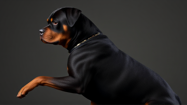 Anthropomorphic Rottweiler wearing a stylish leotard, detailed fur texture, graceful pose, vivid colors