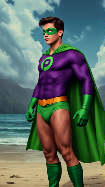 Dramatic scene: A young, Autistic 25-year old boy with light skin and flat, smooth, and slick brown hair with a singular curled bang in the shape of a P sticking out at the front named T.J. Granger, but transformed into a genetically-altered superhero named Powerman, who, despite still being a young adult kid, has an extremely muscular body. He wears a sleek purple bodysuit with a green P symbol on his chest, a golden belt with a circular buckle, green briefs, green boots, green long-cuffed gloves, a really big, toe-length long, ultra-wide green cape wreathed around his neck, and a green eye mask that protects his true identity and also causes his pupils to magically disappear as his eyes glow an eerie white. He also has incredible and invincible superpowers flowing through his veins. In this scene, Powerman is currently standing on the beach of a mysterious island, preparing to begin his infiltration and investigation as he searches for a lost citizen that has been kidnapped.