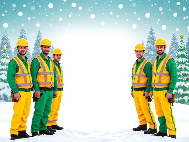 genere moi une image aux couleurs de noel ou je peux y voir des ouvriers du batiment habillé avec des habites de couleurs vert et jaune 
 avec de la place au milieu pour que je puisse mettre le logo de mon entreprise