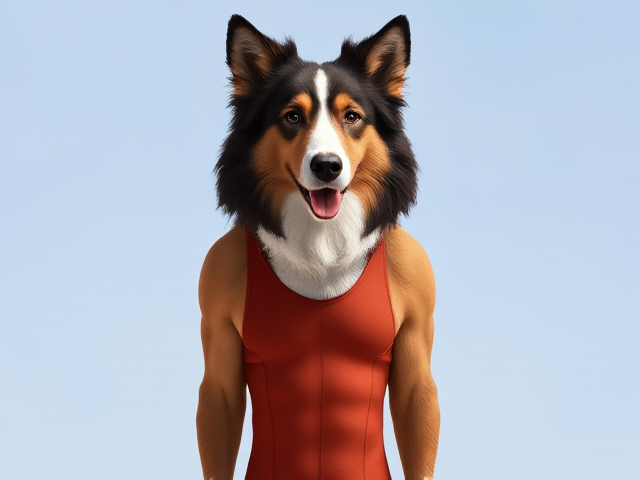 A anthropomorphic Rough Collie with a long torso and broad shoulders, wearing a competition swimsuit
