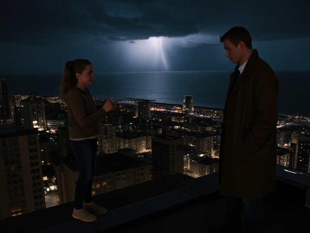 A petite 13-year-old girl with strawberry blonde hair, wearing a pullover and jeans, is standing on the roof ledge of a night club. Next to her on the roof, standing nearby is a modern-day, pale skinned vampire in his late twenties, with blonde hair, dressed in a brown trench coat and jeans. He appears uneasy as he looks at her. The girl gestures angrily at him, flailing her arms. A thunderstorm approaches the cityscape from the sea shore. Set at night.