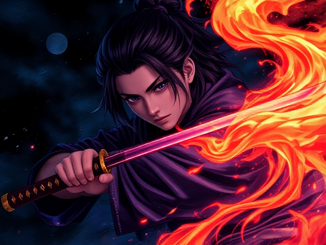 Dessin manga, tanjiro de demon-slayer, feu Katana, fiâmes, nuit ciel était le noir et bleu. Fiâmes rouges oranges et jaunes, bout violettes