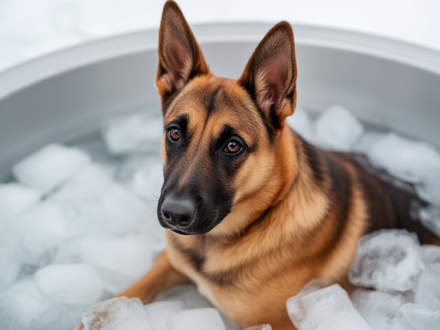 Belgian malinois sitting in a ice bath