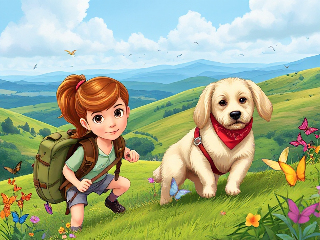 children's fiction book cover for girls aged 7-12, featuring an adventurous 11-year-old girl with expressive hazel eyes and long copper brown hair tied in a ponytail with a vibrant red ribbon. She is wearing a backpack and exploring a mystery on a magical hillside, surrounded by colorful butterflies and birds. Beside her is an enthusiastic small-sized shaggy cream-colored dog with long floppy ears, adorned with a red bandana. Both are equipped with private investigator gear, eagerly searching the countryside for clues. The dog is sniffing the ground