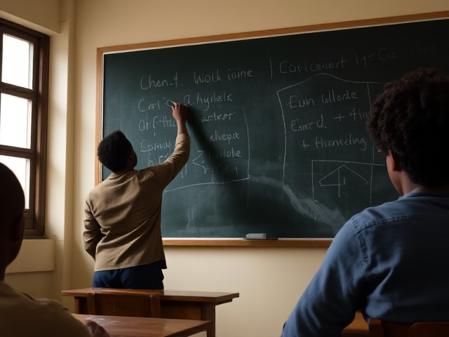 Élèves afro-américains effaçant un tableau  dans une salle de classe, ambiance studieuse et chaleureuse, tableau noir avec écriture visible, lumière naturelle entrant par la fenêtre