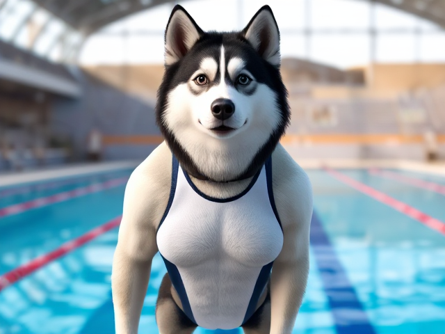A Alaskan malamute Olympic swimmer with broad shoulders wearing a swimsuit, standing on a pool deck