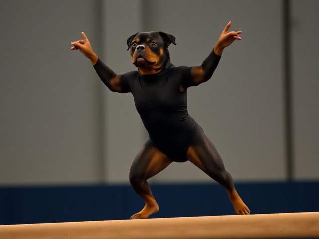 Anthropomorphic Rottweiler gymnastics leotard balance beam