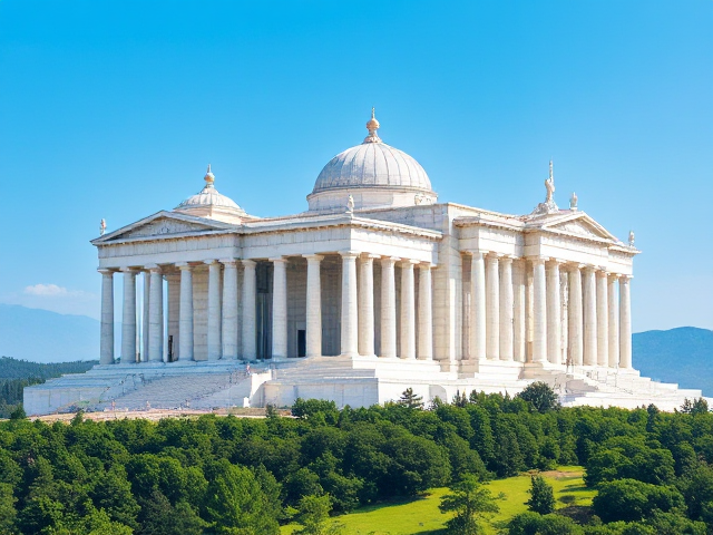 Un temple gigantesque en pierre blanche éclatante, avec un toit de couleur bleue vif. Le ciel est clair, lumineux et éclatant.

Le temple est composé de plusieurs structures reliées autour d’un même point, rappelant l’architecture grecque classique pour les bases (colonnes, soubassements) mais plus complexe et riche : des dômes, des flèches, des toits sculptés, des fenêtres taillées dans la pierre, beaucoup de détails et de reliefs. Aucune façade n’est lisse : tout est travaillé, orné, sculpté. Les motifs architecturaux se répètent harmonieusement.

L’ensemble donne l’impression d’une immense sculpture de pierre vivante.

Le temple est situé au milieu d’une vaste forêt luxuriante et de prairies verdoyantes.