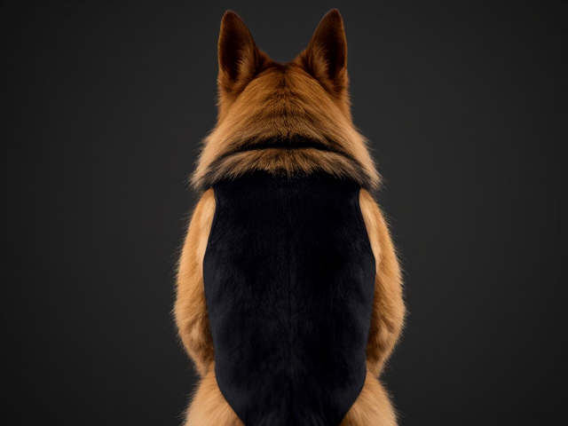 A anthropomorphic long haired German shepherd wearing a leotard