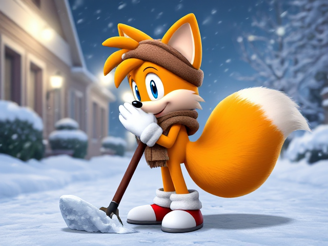 A highly detailed, full-body side shot illustration of a young and adorable Miles "Tails" Prower from the Sonic the Hedgehog video game series. Tails is standing outside late at night on a snow-covered driveway during a fierce snow blizzard. He is wearing a cozy scarf and winter hat, attempting to shovel the driveway, but the intense blizzard is hindering his efforts. Tails’ two fluffy tails are blowing violently in the strong wind behind him. His hands are outstretched in front of his face as he tries to shield himself from the harsh wind