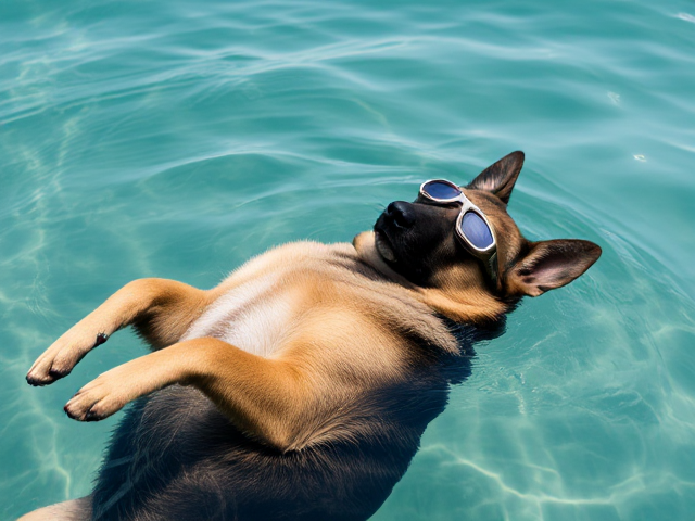 A German shepherd dog peacefully floating on its back in clear water, wearing sleek freediving goggles, sunlight reflecting off the water surface