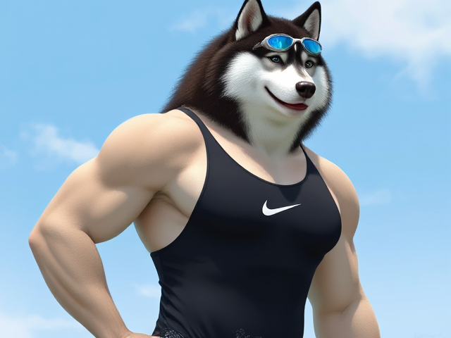 A tall anthropomorphic Alaskan malamute with a long torso and broad shoulders wearing a Nike high cut one piece swimsuit and swimming goggles