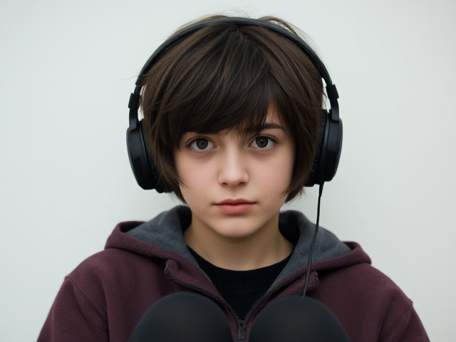 15-year-old woman feeling lonely, with short, shaggy unkept dark brown hair. She is wearing black headphones and a grayish maroon jacket. Her eyes are dull hazel, complemented by black stockings and dark brown boots, set in a somber mood, capturing her sense of solitude