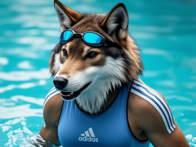 A anthropomorphic wolf wearing an adidas swimsuit and swimming goggles
