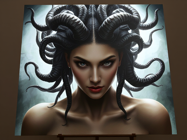 Medusa painting, good lighting and on a stand