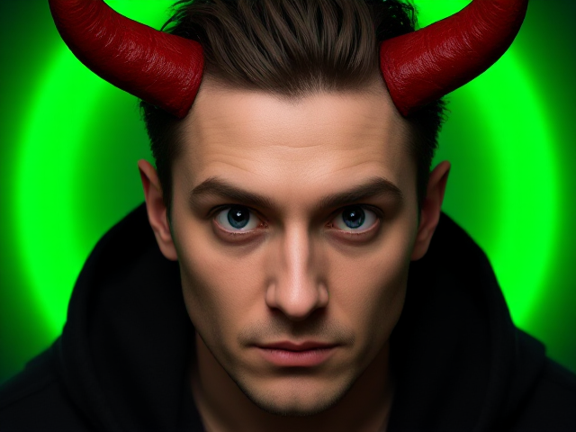 create a realistic guy with a neutral but intense expression. He should have shocking wide-open eyes staring straight ahead. Add full red devil horns digitally on top of his head and place a small,  Behind this character, apply a green glow or aura to make him visually pop out and stand apart from the rest.
