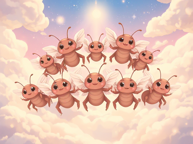 seven cute angelic cockroaches with angel wings in heaven, 7 cockroaches total