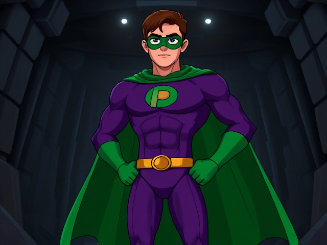 Cartoon scene: A young, Autistic 25-year old boy with light skin and flat, smooth, and slick brown hair named T.J. Granger, but transformed into a genetically-altered superhero named Powerman, who, despite still being a young adult kid, has an extremely muscular body. He wears a sleek purple suit with a green P symbol on his chest, a gold belt with a circular buckle, green briefs, green boots, green long-cuffed gloves, a really big, toe-length long, ultra-wide green cape wreathed around his neck, and a green eye mask that protects his true identity. He also has incredible and invincible superpowers flowing through his veins. In this scene, Powerman is currently standing in his secret high-tech underground lair, awaiting a call from his masters about his next mission.