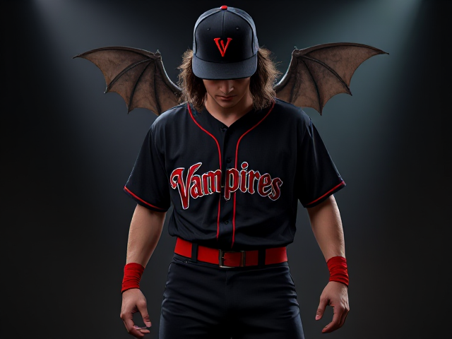 black new era hat with a red v logo with bat wings A black baseball jersey with vampires written across the front in red with black baseball pants and a red belt and red socks and black cleats