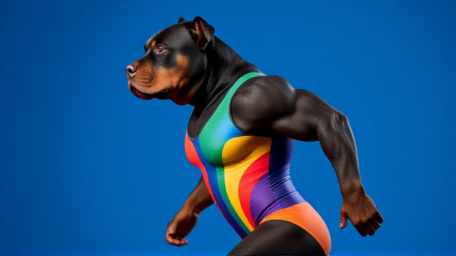 Anthropomorphic Rottweiler, muscular build, wearing a colorful gymnastics leotard, dynamic pose, well-defined muscles, vibrant background